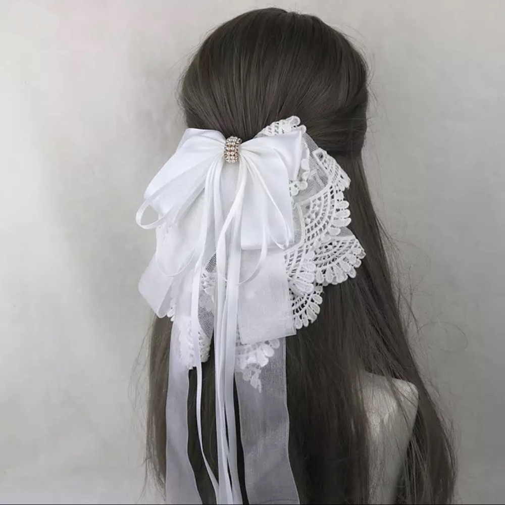 White - Long Oversized Satin & Lace Bow French Barrette Hair Clip